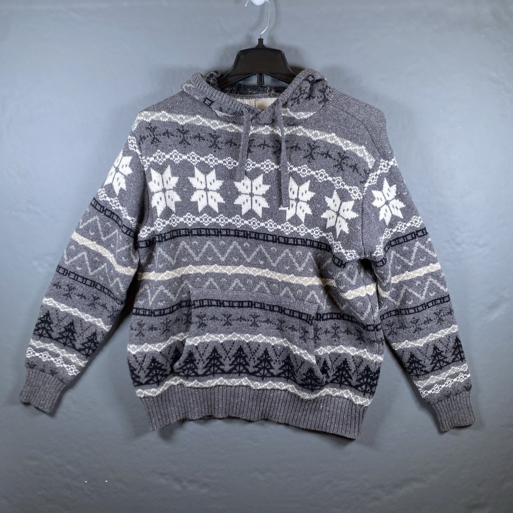 American Eagle Mens Nordic Gray Hoodie Ski Sweater Snowflake Design Size L